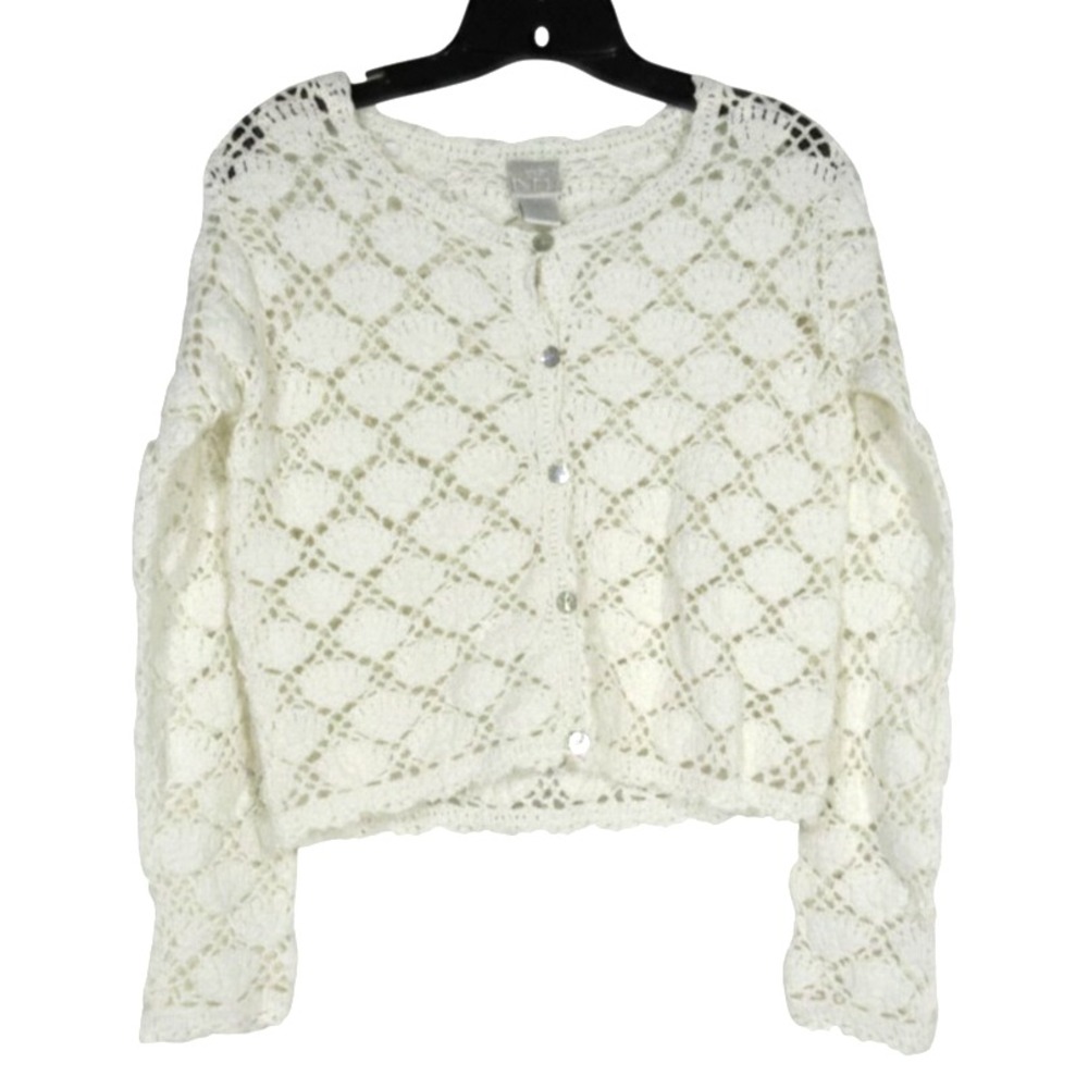 MODA INT'L White DIAMOND CROCHET Button-Up CROPPED CARDIGAN SHRUG Sz XS